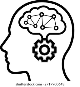 Proceso de pensamiento conceptual con conexiones de engranajes. Representa la función cerebral, la máquina. Simboliza ideas, mente, intelecto y pensamientos. Ilustración vectorial.