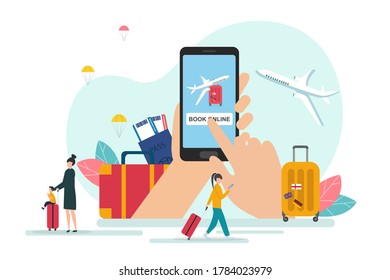 Conceptual Travel Illustration With Smartphone And Travellers Booking Flights Over White Background. Vacation Journey Concept. Vector