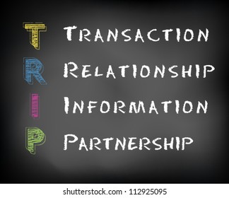 Conceptual TRIP acronym written on black chalkboard blackboard. transaction, relationship, information, partnership. Slide template. Vector Illustration.