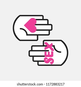Conceptual two black line hands symbol holding pink heart and word sex icons on gray background