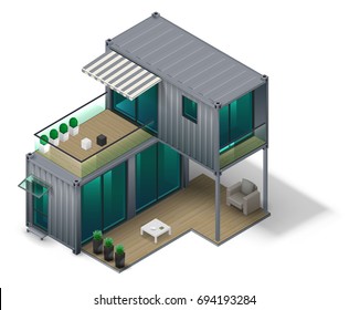 Conceptual Two Storey House Made Of Cargo Container Containers. Isometrics In Vector Graphics.