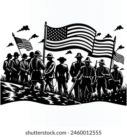 Conceptual US flag with silhouettes of American soldiers memorial day silhouette design