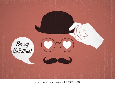 Conceptual valentine card with glasses and mustache. Vector illustration.