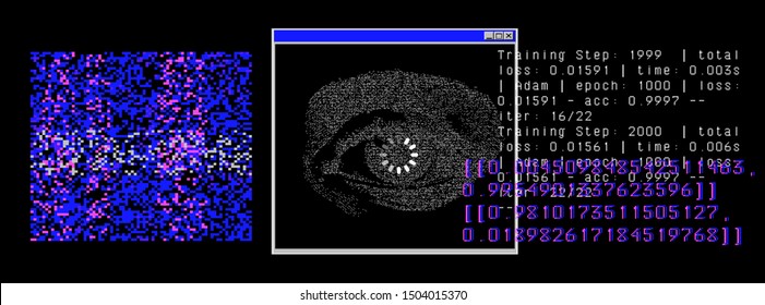 Conceptual vector abstract futuristic illustration of training a neural network. Random pieces of deep learning code output, glitched histograms of training algorithm.