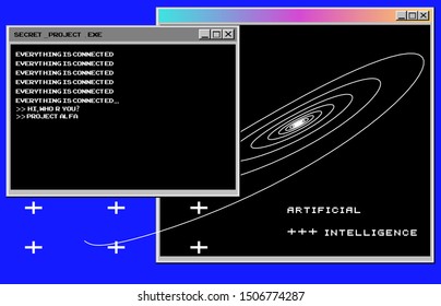 Conceptual vector abstract futuristic illustration of training a neural network. Random pieces of code output in console window.