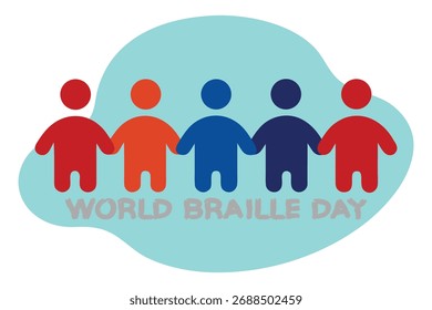 Vetor conceitual de uma célula em Braille se transformando suavemente em um grupo de pessoas diversas de mãos dadas. Cada elemento é colocado em camadas, simbolizando a comunidade, a inclusão e a conectividade.