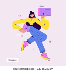 Conceptual vector business illustration of Woman holding package box up by her hands. Person working as a courier, delivery service.