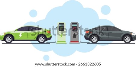 Conceptual vector comparing an eco-friendly electric car and a polluting gasoline car. Visually contrasts sustainable transport's future with the past's environmental impact.