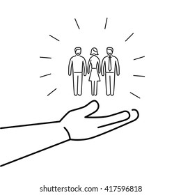 Conceptual vector conservative friendly campaign strategy icon of people group in open palm hand | flat design marketing and business linear illustration and infographic black on white background