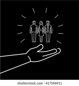Conceptual vector conservative friendly campaign strategy icon of people group in open palm hand | flat design marketing and business linear illustration infographic concept white on black background