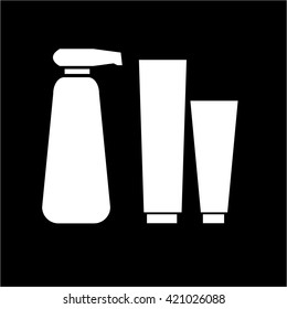 Conceptual vector cosmetic bottles tubes and phials icons set | modern flat design cosmetic and spa illustration and infographic concept white on black background