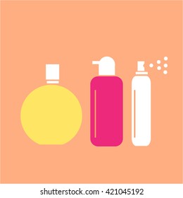 Conceptual vector cosmetic bottles tubes and phials icons set | modern flat design cosmetic and spa illustration and infographic concept colorful on orange background