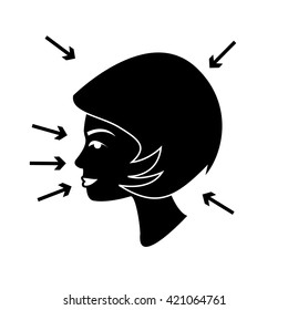 Conceptual vector cosmetic icon of beautiful woman face with arrows targeted on locations of care | modern flat design cosmetic and spa illustration and infographic concept black on white background