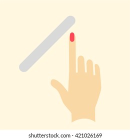 Conceptual vector cosmetic and manicure file icon with hand and one finger | modern flat design cosmetic and spa illustration and infographic concept colorful on yellow background