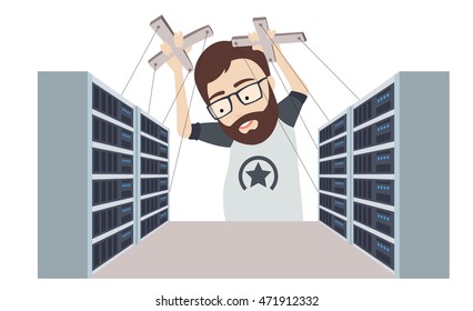 Conceptual Vector Flat Illustration of Man as a Puppet Master Controls Datacenters and Servers Racks