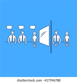 Conceptual vector focus group  icon of marketing reserach method with group of people discussing in meeting room and second behind the mirror | business linear illustration and infographic on blue