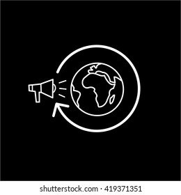 Conceptual vector global marketing campaign strategy icon with megaphone and globe. modern flat design marketing and business linear illustration and infographic concept white on black background