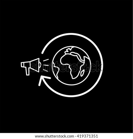 Conceptual vector global marketing campaign strategy icon with megaphone and globe. modern flat design marketing and business linear illustration and infographic concept white on black background