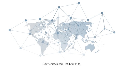 A conceptual vector graphic creative design showing a world map overlaid with a network of interconnected nodes and lines, representing global communication, data flow or digital interconnectedness.