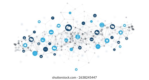 A conceptual vector graphic illustrating a complex network of interconnected nodes and diverse icons, representing the Internet of Things (IoT), global communication, or smart technology.