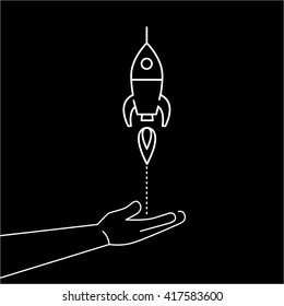 Conceptual vector icon of campaign or project launch rocket starting from open hand palm | flat design marketing and business linear illustration and infographic concept white on black background