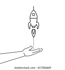 Conceptual vector icon of campaign or project launch rocket starting from open hand palm | flat design marketing and business linear illustration and infographic concept black on white background