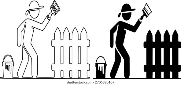 Um ícone vetorial conceitual que ilustra uma pessoa estilizada ou figura de vara usando um chapéu e pintando ativamente uma cerca de piquete com um pincel, com uma lata de tinta nas proximidades, apresentado em ambos um li contínuo