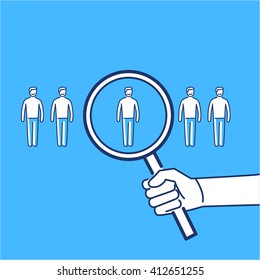 Conceptual vector icon of market research with magnifying glass | modern flat design marketing and business linear illustration and infographic concept on blue background