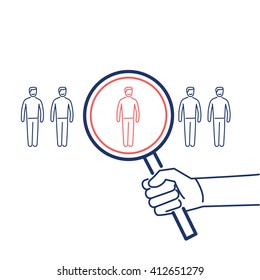 Conceptual vector icon of market research with magnifying glass | modern flat design marketing and business linear illustration and infographic concept red and blue on white background