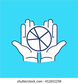 Conceptual vector icon of market share pie chart in open hands | modern flat design marketing and business linear illustration and infographic concept on blue background