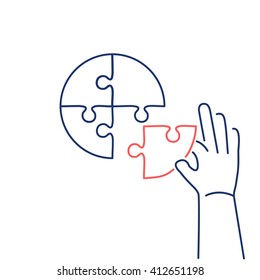 Conceptual vector icon of person making puzzle to pie chart | modern flat design marketing and business linear illustration and infographic concept red and blue on white background