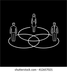 Conceptual vector icon of population sample people in circles chart | modern flat design marketing and business linear illustration and infographic concept white on black background