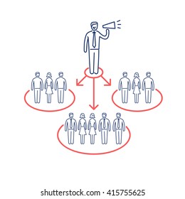 Conceptual vector icon of pr public relations communication with different groups of people | modern flat design business linear illustration and infographic concept red and blue on white background