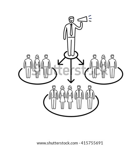 Conceptual vector icon of pr public relations communication with different groups of people | modern flat design business linear illustration and infographic concept black on white background