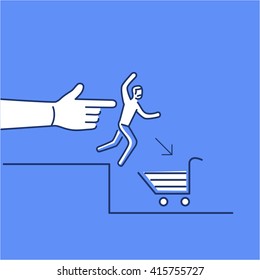 Conceptual vector icon of push marketing communication and strategy with hand pushing customer to shopping basket | modern flat design business linear illustration and infographic on blue background