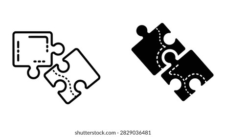A conceptual vector icon set showing two interlocking puzzle pieces with a dotted path line. This design is excellent for illustrating strategy problem-solving logical processes and connecting ideas in business presentations.