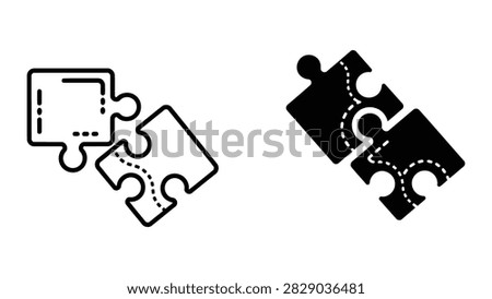 A conceptual vector icon set showing two interlocking puzzle pieces with a dotted path line. This design is excellent for illustrating strategy problem-solving logical processes and connecting ideas in business presentations.