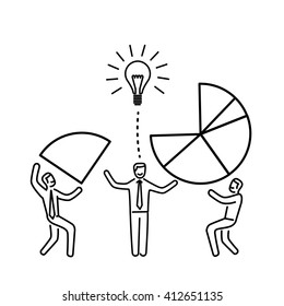 Conceptual vector icon of teamwork creative process in agency business mans making pie chart together  | modern flat design marketing and linear illustration and infographic black on white background
