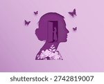 Conceptual vector illustration in 3D paper cut style featuring a purple woman profile silhouette with an open door and female figure inside her mind. Decorated with paper flowers and flying butterflies, symbolizing inner potential, psychology, mental health, freedom, and new opportunities.