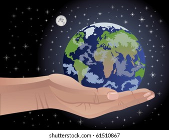 Conceptual vector illustration of an androgynous human hand cradling the Earth.