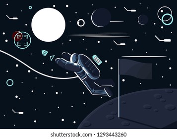 Conceptual vector illustration of an astronaut who left a flag on the moon or another planet and flew to Mars. The conquest of space and planetary exploration.