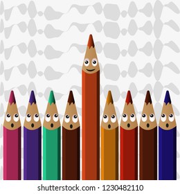 Conceptual vector illustration of being outstanding. Different colored pencils arranged in row and orange color pencil sticking out. Color pencil with cartoon eyes. Abstract pattern background.