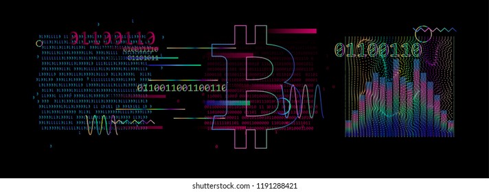 Conceptual vector illustration of bitcoin transaction. Matrices of binary code and bitcoin symbol on dark background in Cyberpunk/ synthwave neon palette.