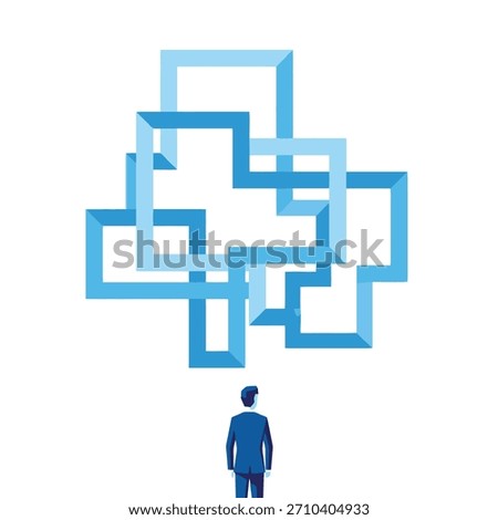 A conceptual vector illustration of a businessman contemplating complex blue geometric shapes. Isolated on white background.