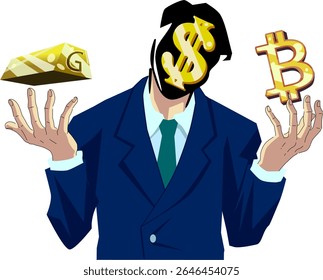 Conceptual vector illustration of a businessman in a suit with a golden dollar sign as his face, symbolizing wealth obsession and identity defined by money. He juggles a gold bar and a Bitcoin icon.