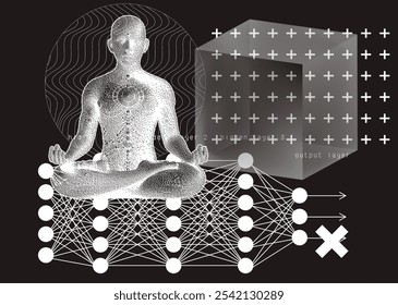 Conceptual vector illustration combining a diagram of a neural network with multiple layers connected by nodes and pixelated figure in a meditative pose.