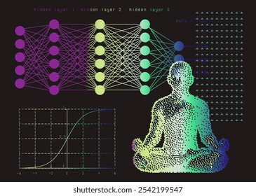 Conceptual vector illustration combining a diagram of a neural network with multiple layers and pixelated figure in a meditative pose  symbolizing the integration of technology and mindfulness.