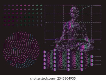 Conceptual vector illustration combining a diagram of a neural network with multiple layers connected by nodes and pixelated figure in a meditative pose.