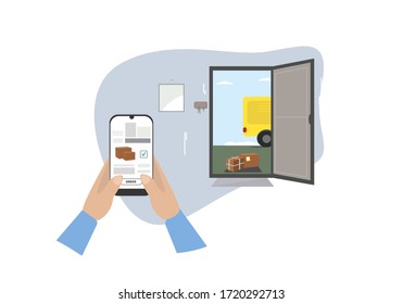 Ilustración conceptual vectorial de entrega sin contacto y pedidos de bienes a través de aplicaciones móviles y compras en línea. Entrega a la puerta de la casa.