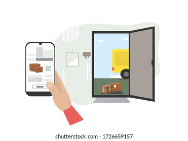 Konzeptuelle Vektorgrafik von berührungslosen Liefer- und Bestellungsartikeln durch mobile Anwendungen und Online-Shopping. Lieferung an die Tür des Hauses.